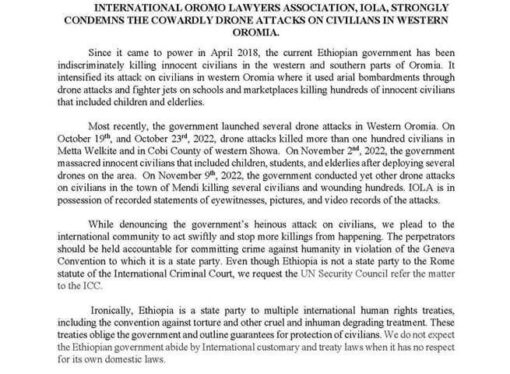 <strong>International Oromo Lawyers Association, IOLA, Strongly condemns the cowardly drone attacks in civilians in Western Oromia.</strong>