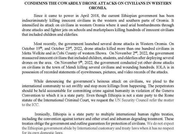 <strong>International Oromo Lawyers Association, IOLA, Strongly condemns the cowardly drone attacks in civilians in Western Oromia.</strong>