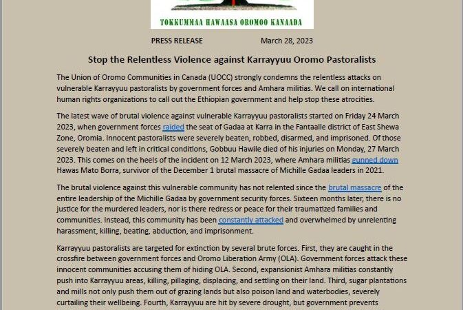 Tokkummaan Hawaasa Oromoo Biyya Kanaadaa, haleellaa itti fufiinsaan hawaasa Oromoo Karrayyuu irratti raawwatamaa jiru balaaleffate.